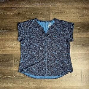 LL Bean Women's 1x Plus Size Streamside T Shirt Top  Short Sleeve Splitneck Blue